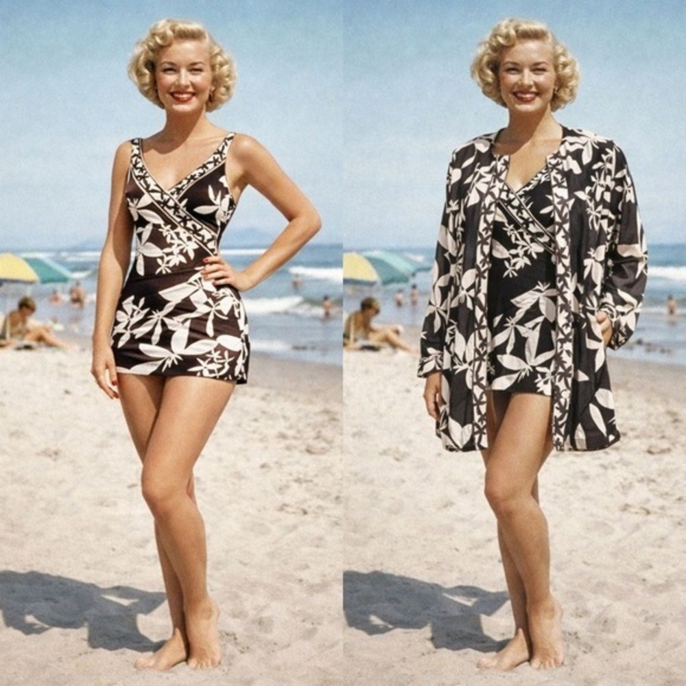 60s Catalina Black Floral Skirt One Piece‎ Swimsuit and Cover Up